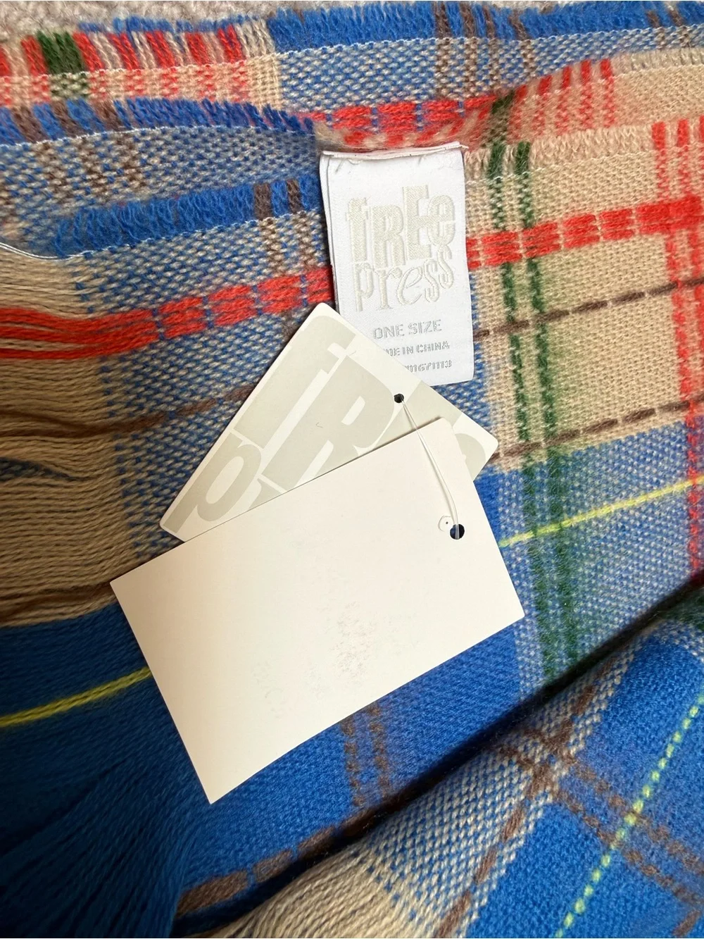 free press Blue Plaid Fringe Scarf with Red, Cream, Green Accents